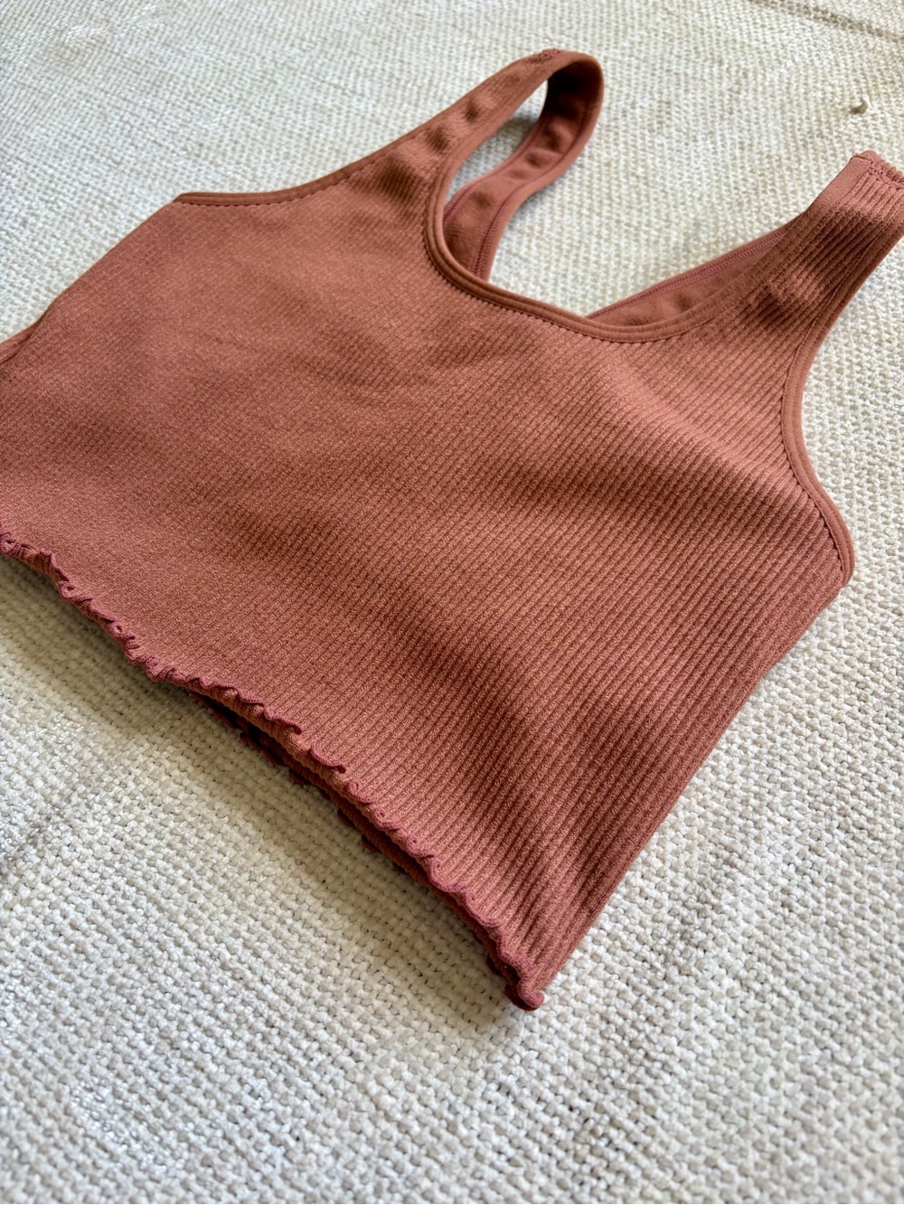 Deep Rust Colored Ribbed Sports Bra + Leggings Set w Lettuce Trim — Size S - Picture 7 of 12